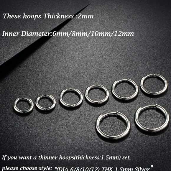 Brand New 316L Surgical Stainless Steel Hoop Earrings (Silver, Multiple Sizes) - Picture 3 of 8